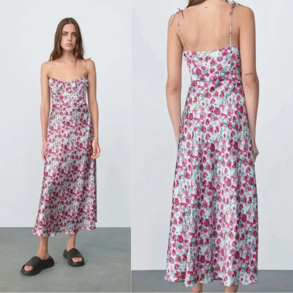 ZARA Floral Print Slip Dress Pink Blue Satin  | Size M - Picture 2 of 10